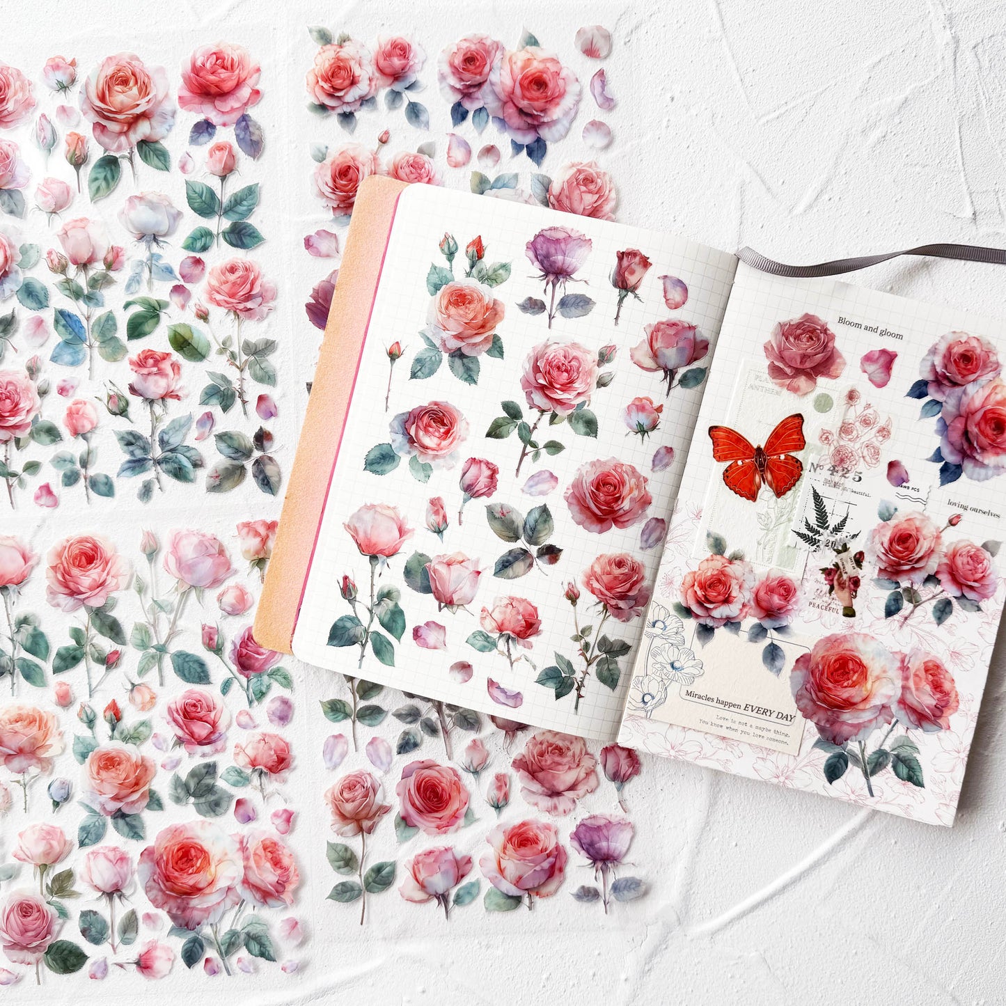 Watercolor Roses Stickers for Scrapbooking, Self-Adhesive Flowers Stickers Journal Embellishment Supplies for Art Craft Decorations