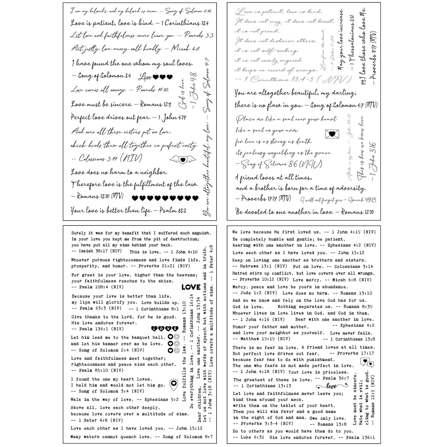 Bible Verses Planner Stickers – 4 Sheets of Love Quotes, Retro Typewriter & Hand Lettering Styles, Inspirational Christian Stickers for Journaling, Scrapbooking, Bible Study, and Crafts