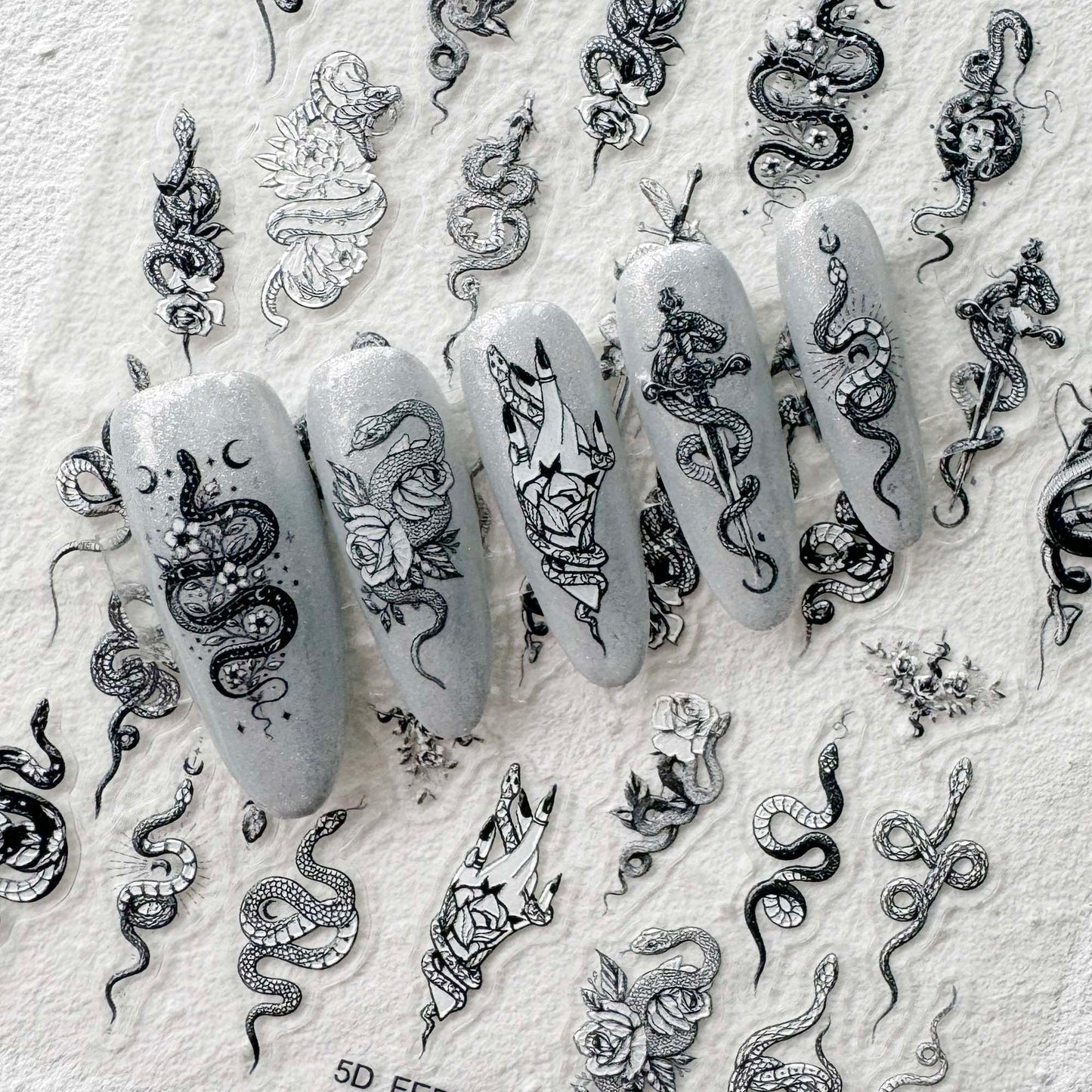 Snake and Flowers Nail Art Stickers, Snake Rose Sword Design DIY Stickers