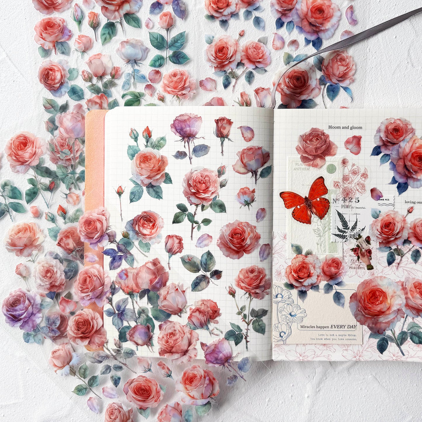 Watercolor Roses Stickers for Scrapbooking, Self-Adhesive Flowers Stickers Journal Embellishment Supplies for Art Craft Decorations