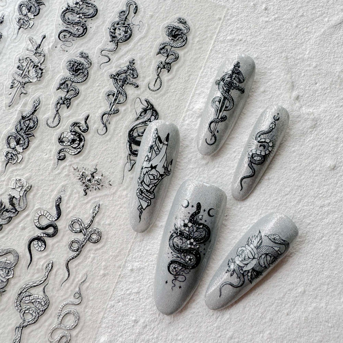 Snake and Flowers Nail Art Stickers, Snake Rose Sword Design DIY Stickers