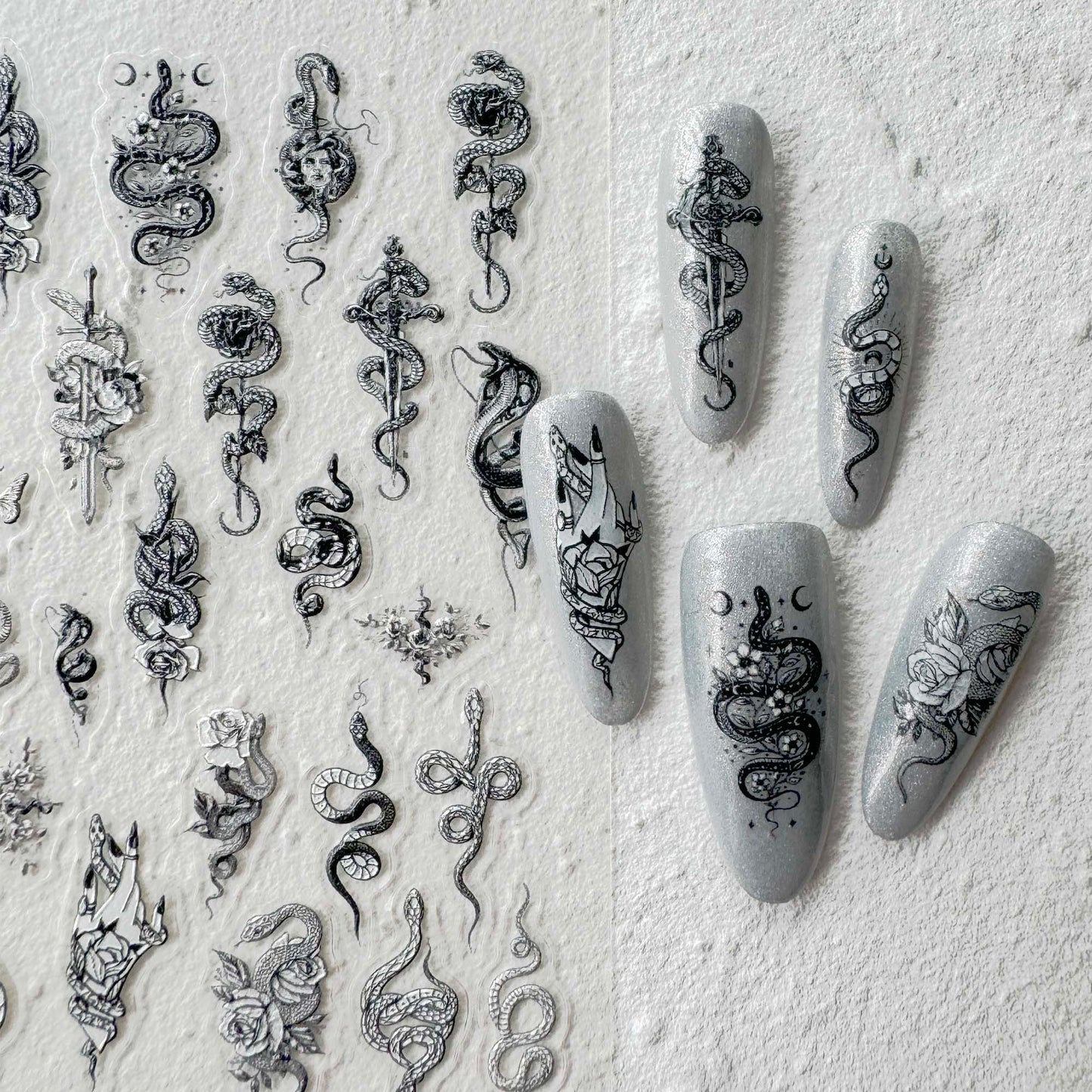 Snake and Flowers Nail Art Stickers, Snake Rose Sword Design DIY Stickers