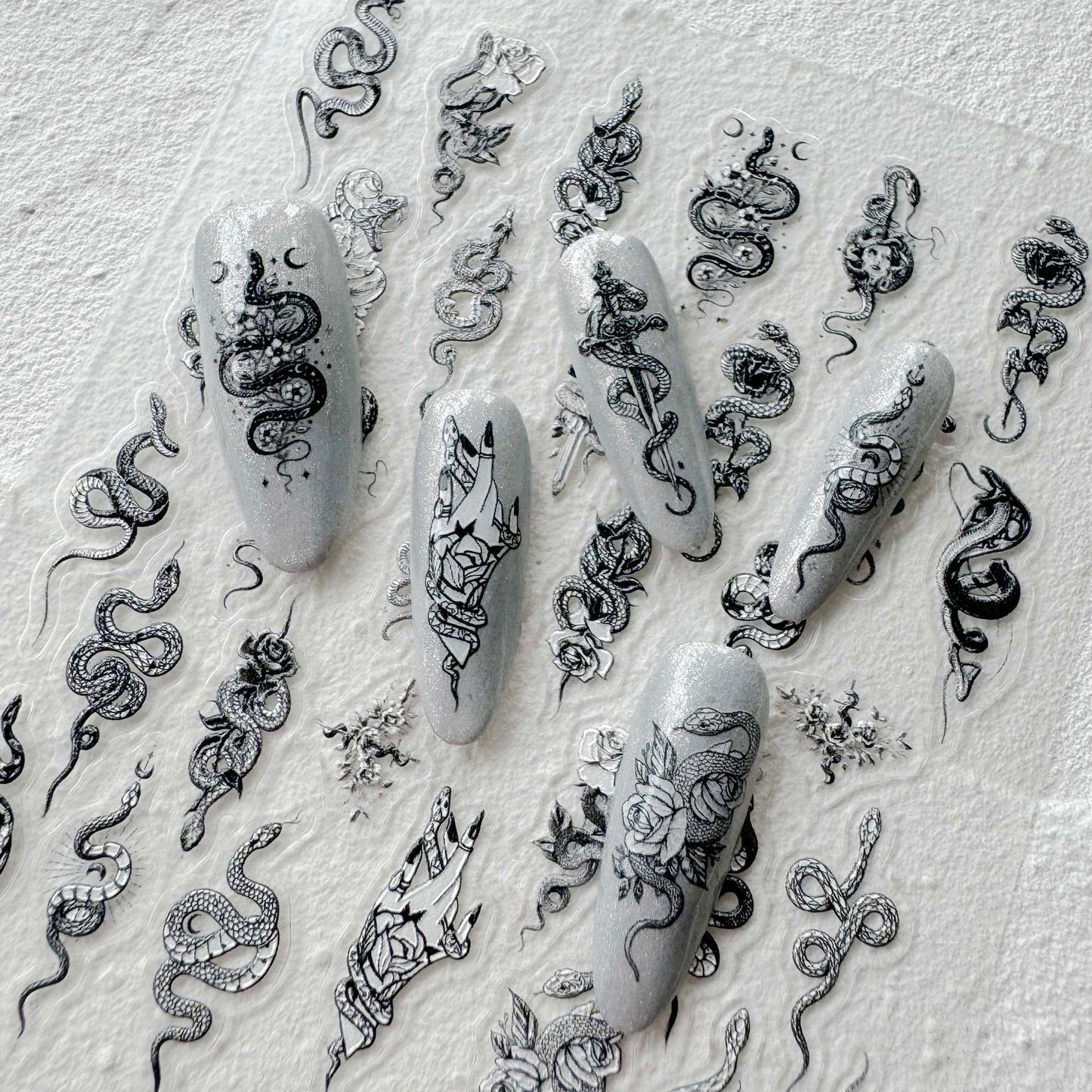 Snake and Flowers Nail Art Stickers, Snake Rose Sword Design DIY Stickers