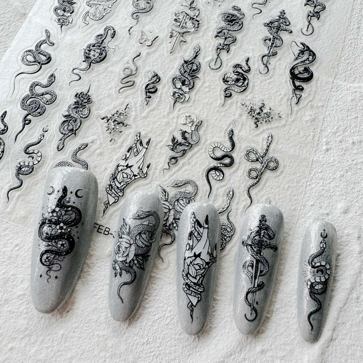 Snake and Flowers Nail Art Stickers, Snake Rose Sword Design DIY Stickers