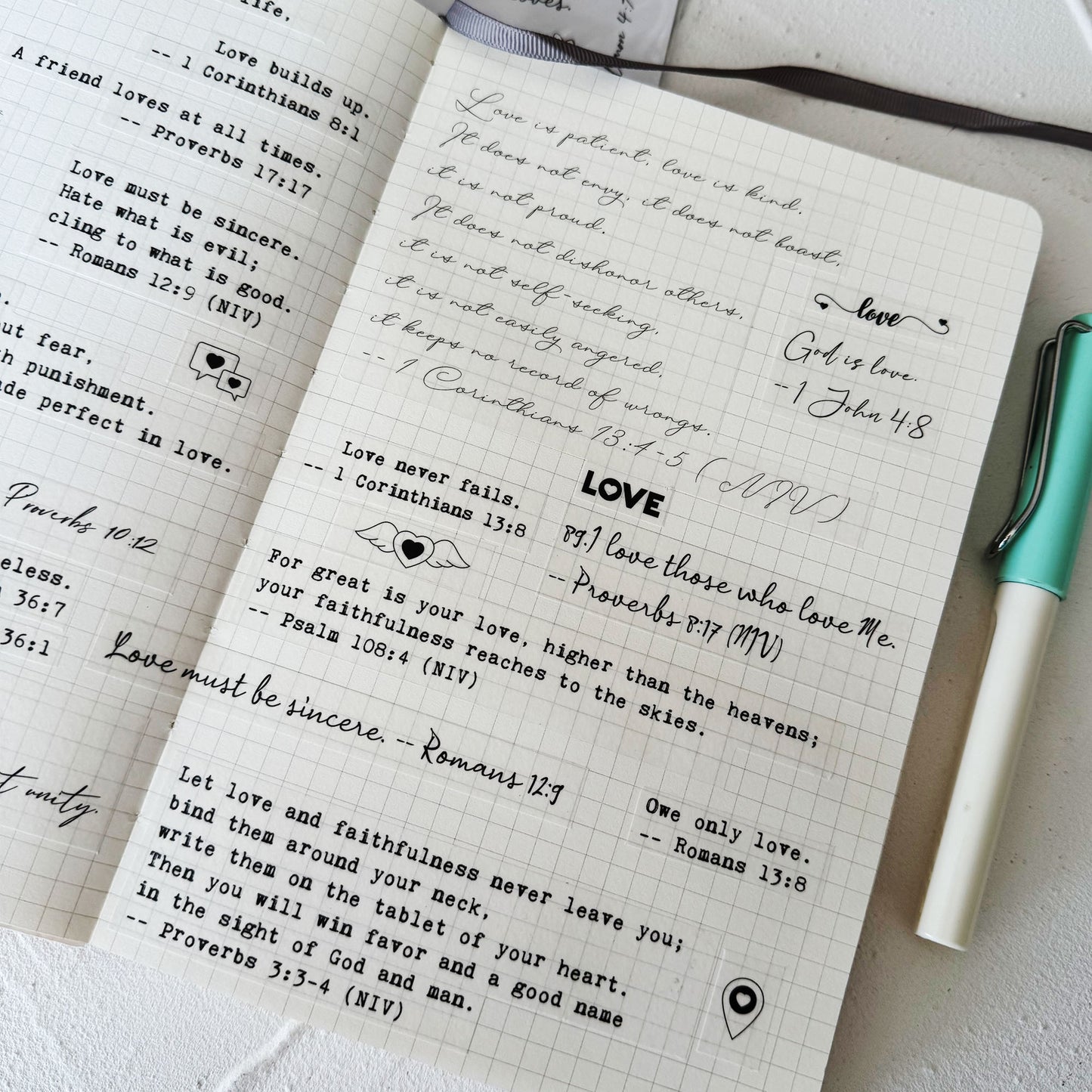 Bible Verses Planner Stickers – 4 Sheets of Love Quotes, Retro Typewriter & Hand Lettering Styles, Inspirational Christian Stickers for Journaling, Scrapbooking, Bible Study, and Crafts