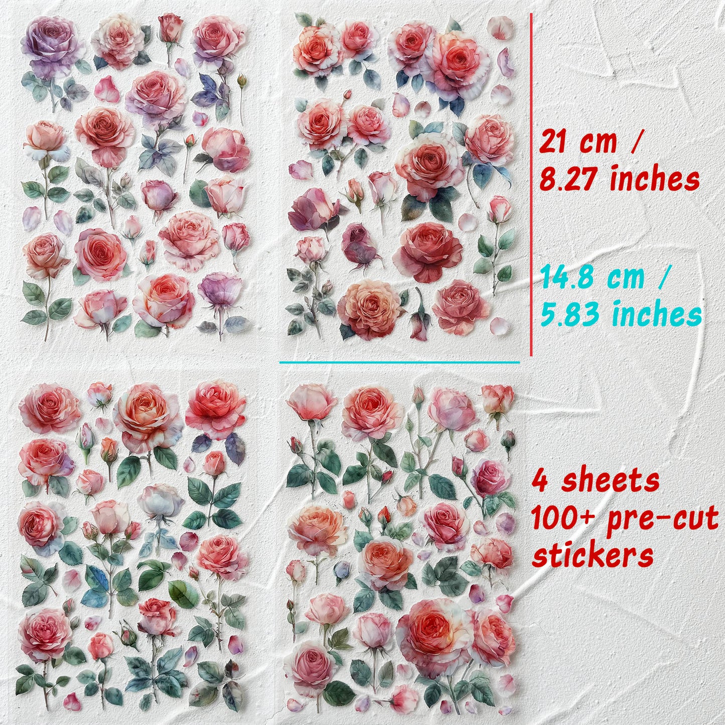 Watercolor Roses Stickers for Scrapbooking, Self-Adhesive Flowers Stickers Journal Embellishment Supplies for Art Craft Decorations