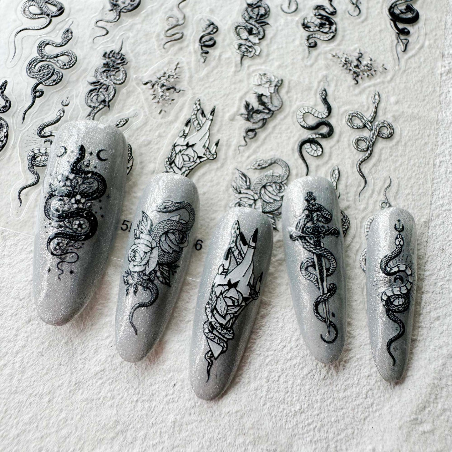 Snake and Flowers Nail Art Stickers, Snake Rose Sword Design DIY Stickers