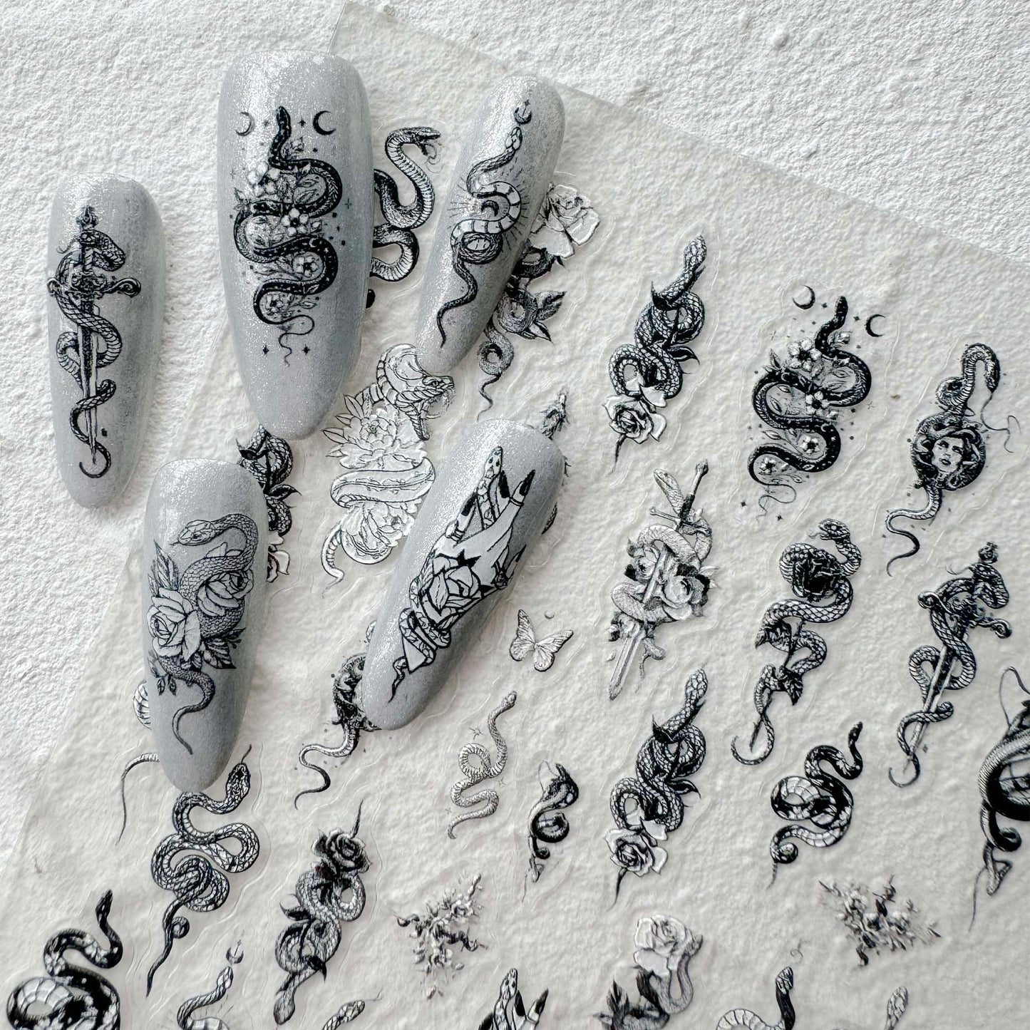 Snake and Flowers Nail Art Stickers, Snake Rose Sword Design DIY Stickers