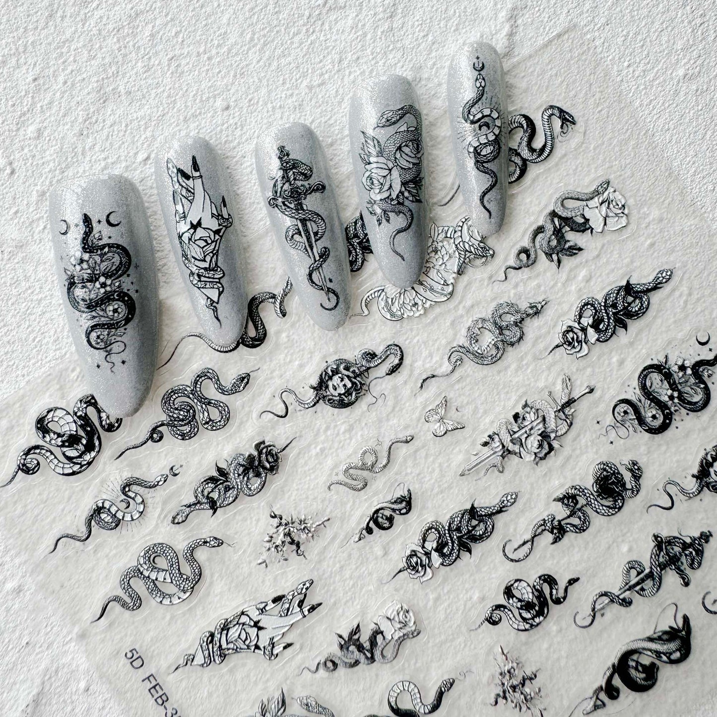 Snake and Flowers Nail Art Stickers, Snake Rose Sword Design DIY Stickers