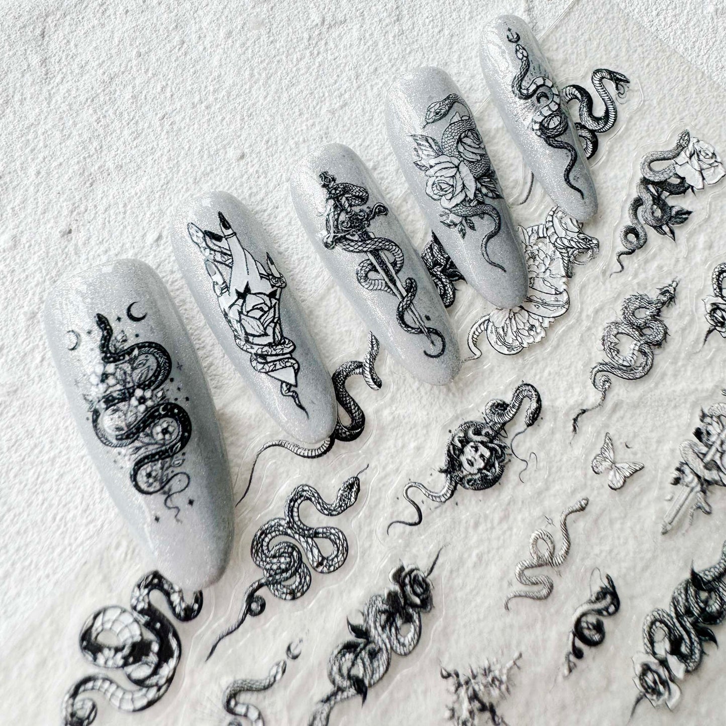Snake and Flowers Nail Art Stickers, Snake Rose Sword Design DIY Stickers