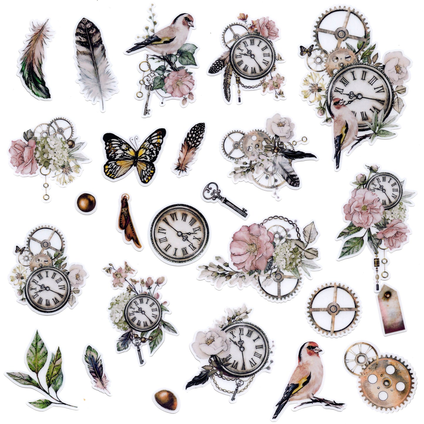 Watercolor Birds Clock Flowers Stickers