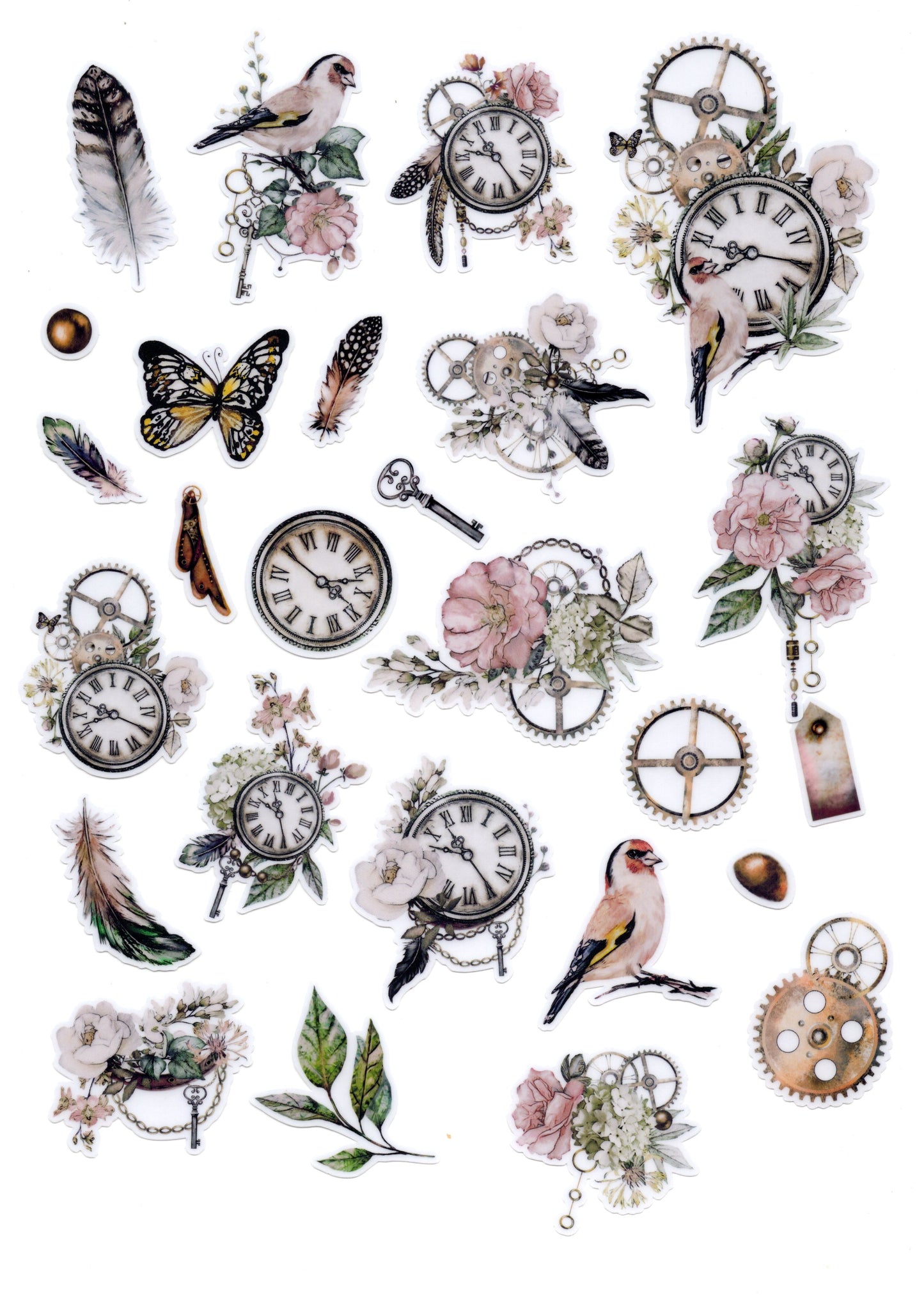 Watercolor Birds Clock Flowers Stickers