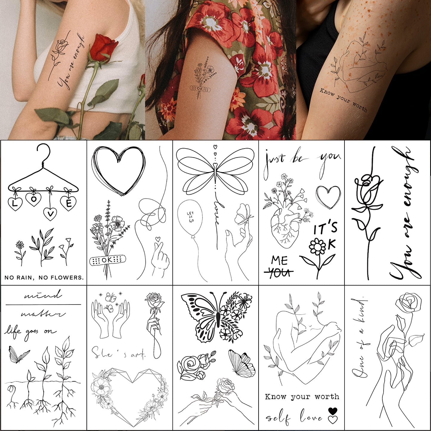 female classy sexy cute simple tattoo design small minimal self love mental health tattoos love heart flowers rose removable tattoos woman