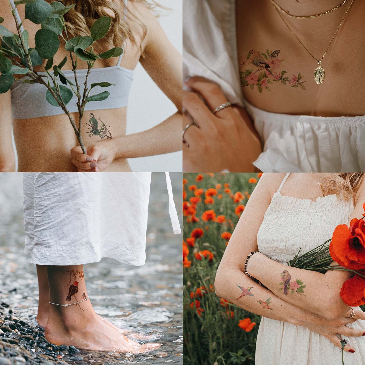 watercolor stylish flowers and flying birds tattoo designs removable fake tattoos on women chest back arm and foot