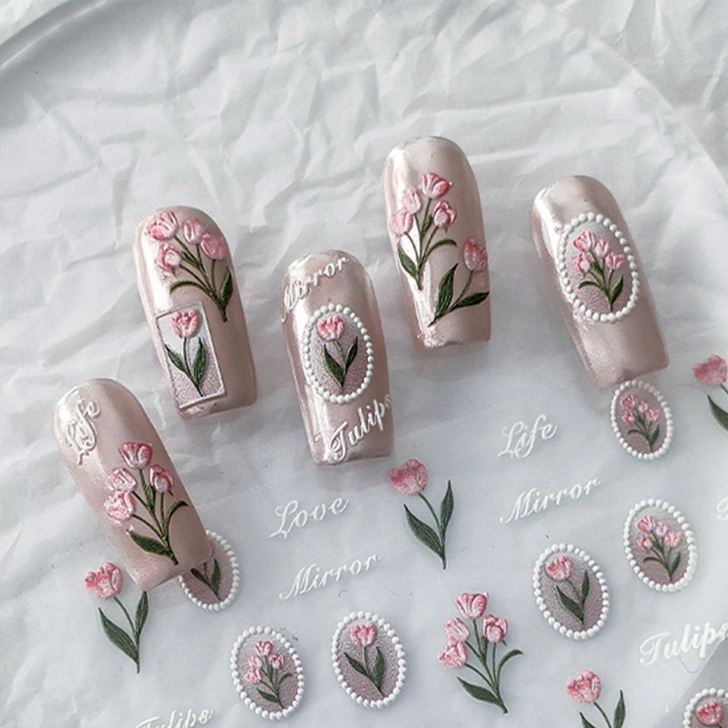 Vintage Pink Tulip 5D Nail Art Stickers