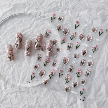 Vintage Pink Tulip 5D Nail Art Stickers