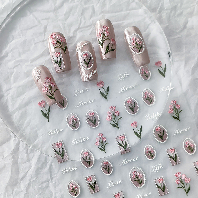 Vintage Pink Tulip 5D Nail Art Stickers