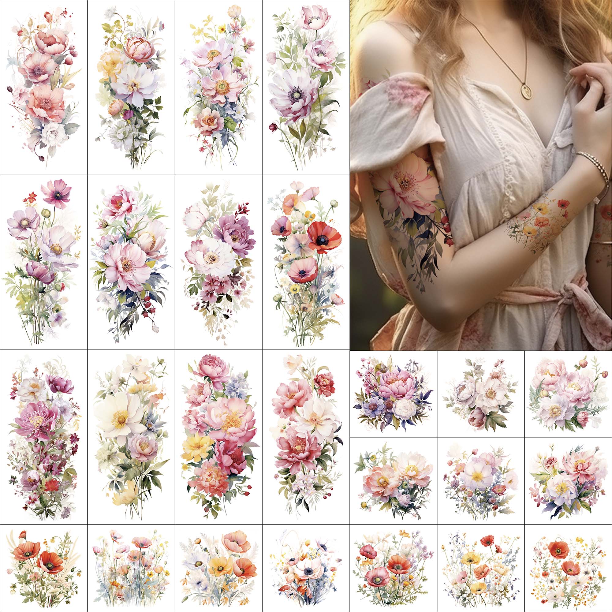 Morning Glory Flower Bouquet Temporary Tattoo Sticker - OhMyTat