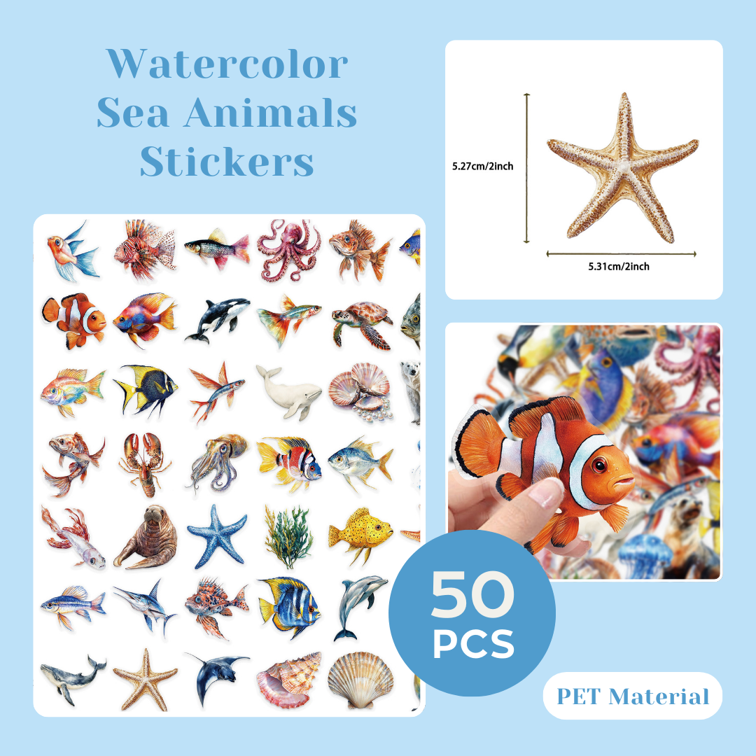 200 Pcs Clear PET Stickers - Watercolor Butterfly, Dragonfly, Hummingbirds & Sea Animals - 50 Unique Designs Per Theme - Aesthetic Stickers for Journals, Scrapbooks, Laptops & DIY Crafts