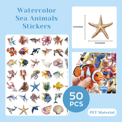 200 Pcs Clear PET Stickers - Watercolor Butterfly, Dragonfly, Hummingbirds & Sea Animals - 50 Unique Designs Per Theme - Aesthetic Stickers for Journals, Scrapbooks, Laptops & DIY Crafts