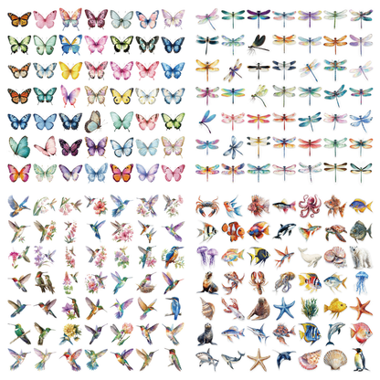 200 Pcs Clear PET Stickers - Watercolor Butterfly, Dragonfly, Hummingbirds & Sea Animals - 50 Unique Designs Per Theme - Aesthetic Stickers for Journals, Scrapbooks, Laptops & DIY Crafts