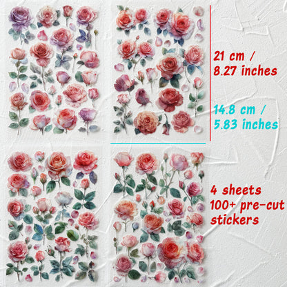 Watercolor Roses Stickers for Scrapbooking, Self-Adhesive Flowers Stickers Journal Embellishment Supplies for Art Craft Decorations