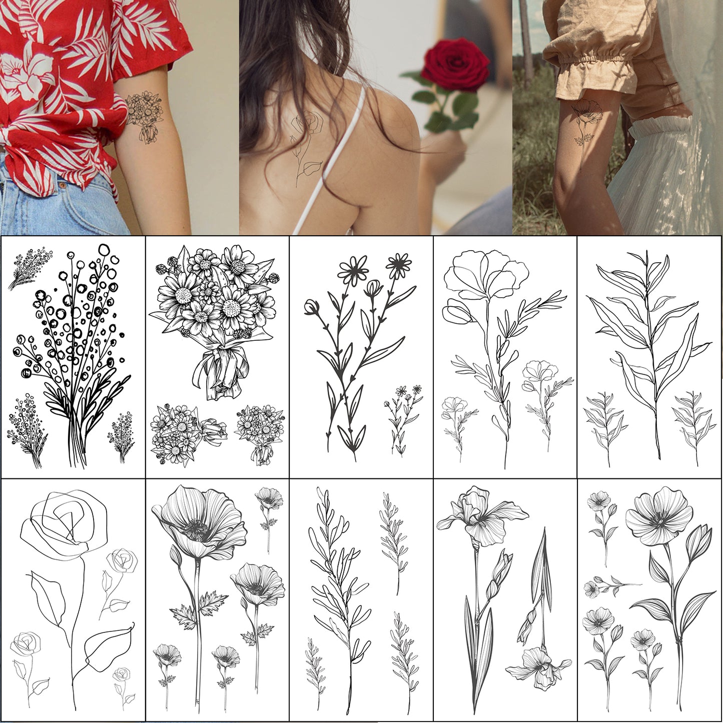 Line Art Flowers Temporary Tattoos