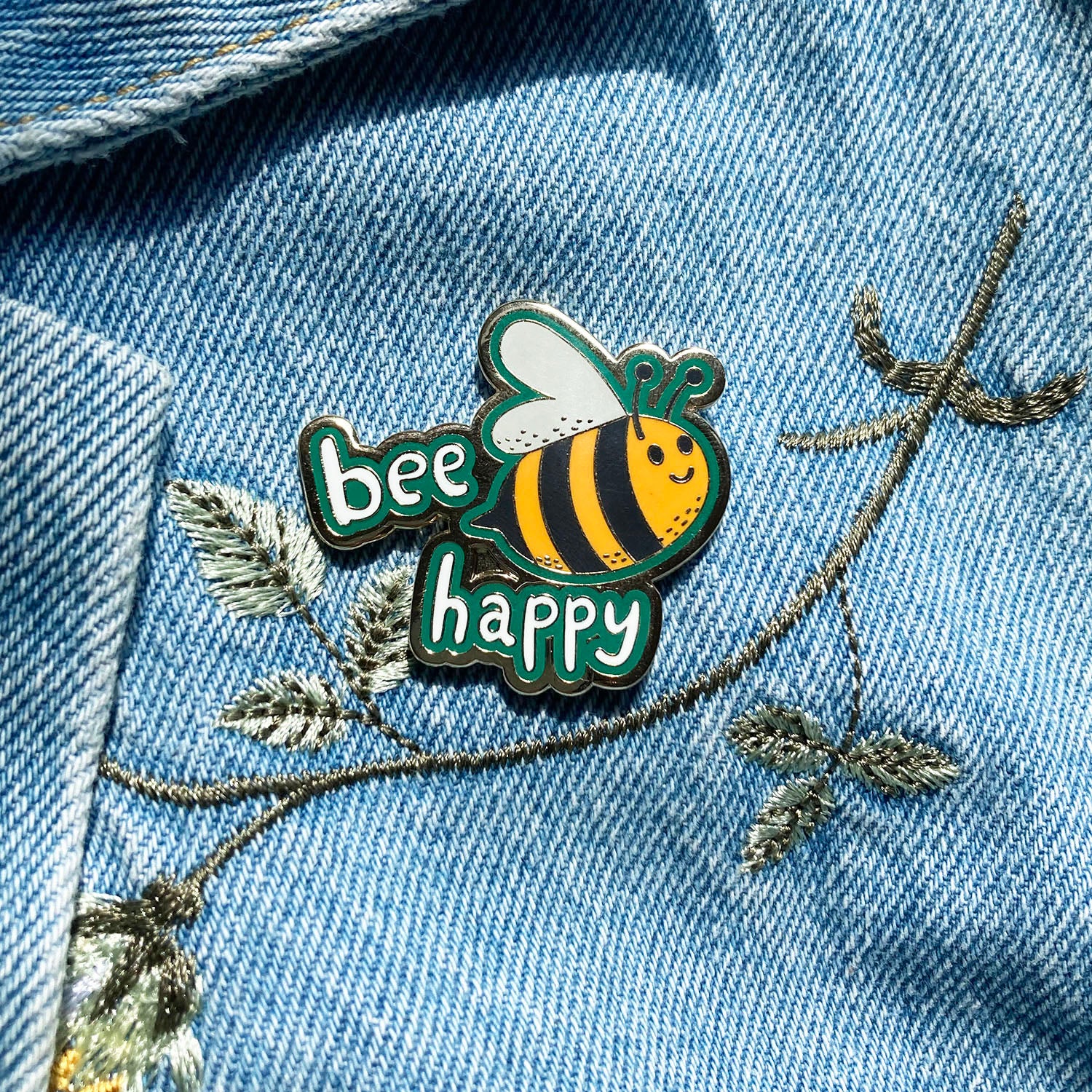 cute bee happy pin on jeans jacket