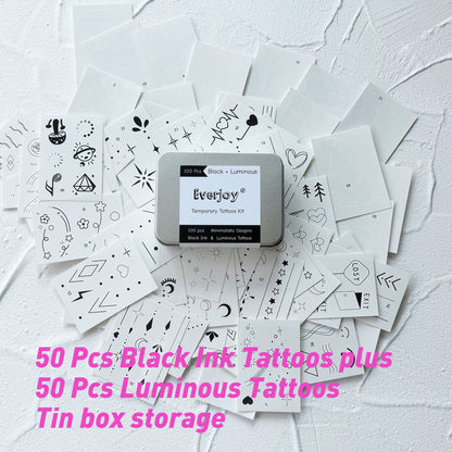 Minimalistic Black Ink & Luminous Temporary Tattoos Kit Tin Box