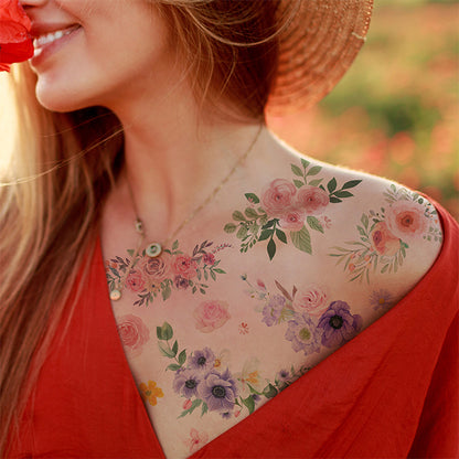 realistic watercolor flower temporary tattoos kit pink purple floral blossom tattoo designs stickers on women shoulder