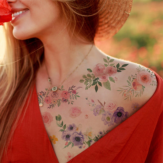 realistic watercolor flower temporary tattoos kit pink purple floral blossom tattoo designs stickers on women shoulder