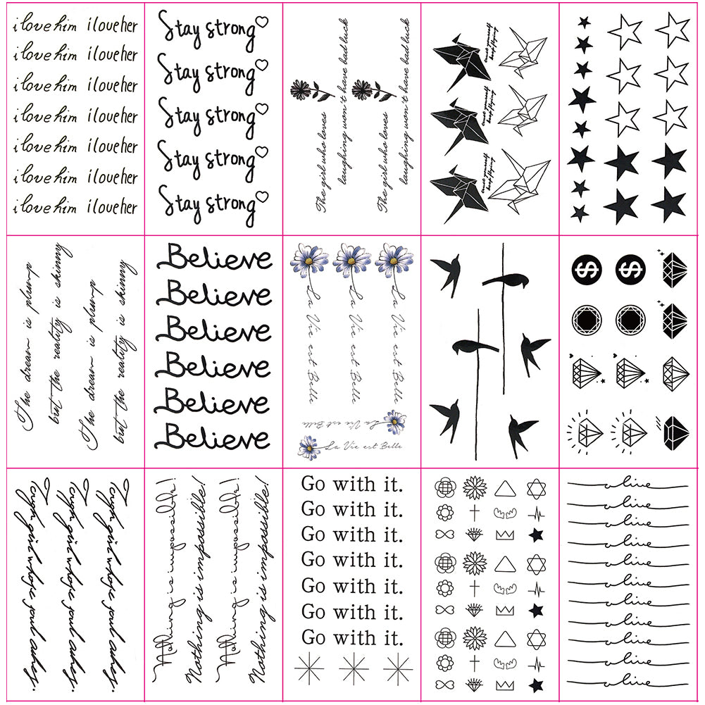 S.A.V.I 3D Temporary Tattoo Small English Alphabets Designs For Fingers  Size 10.5x6cm - 1pc. (424), Black